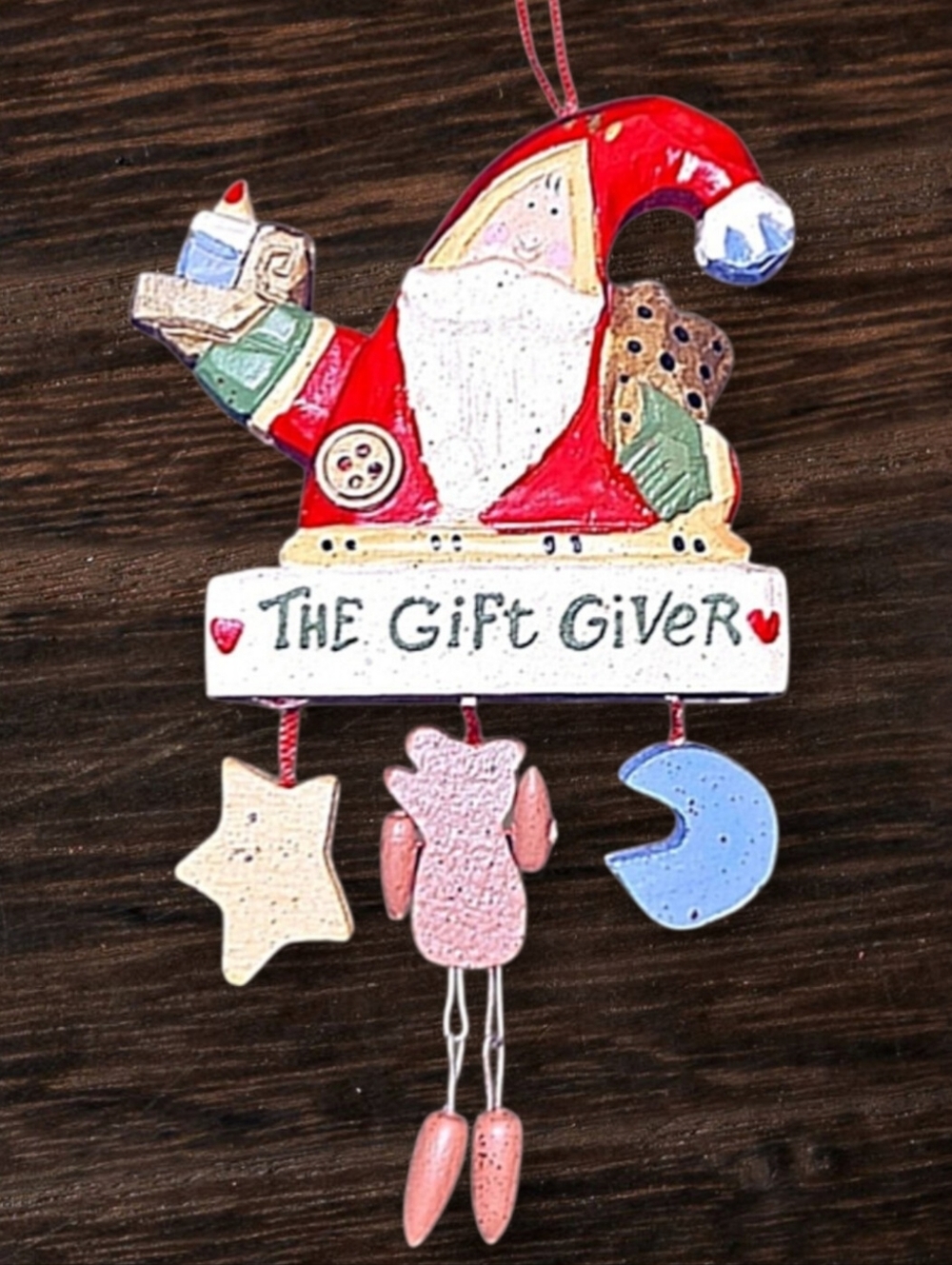 Gallerie II Handpainted Carved Wood Gift Giver Santa Dangle Christmas  Ornament